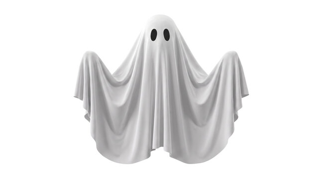Classic White Sheet Ghost 3D Render Isolated on White Background for Halloween Marketing Banners and Web Landing Pages