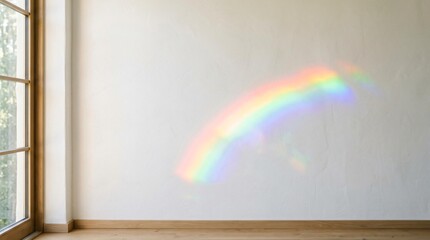 Fototapeta premium A gentle and colorful optical rainbow reflection glowing softly on a plain white wall inside a modern minimalist empty room interior