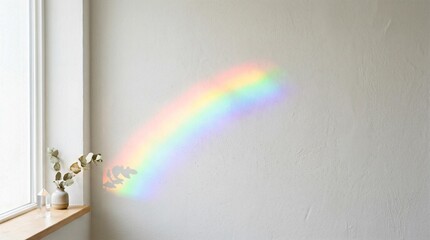 Fototapeta premium A stunning rainbow reflection dances across a textured white wall next to a sunlit window with a minimalist vase and dried eucalyptus branch