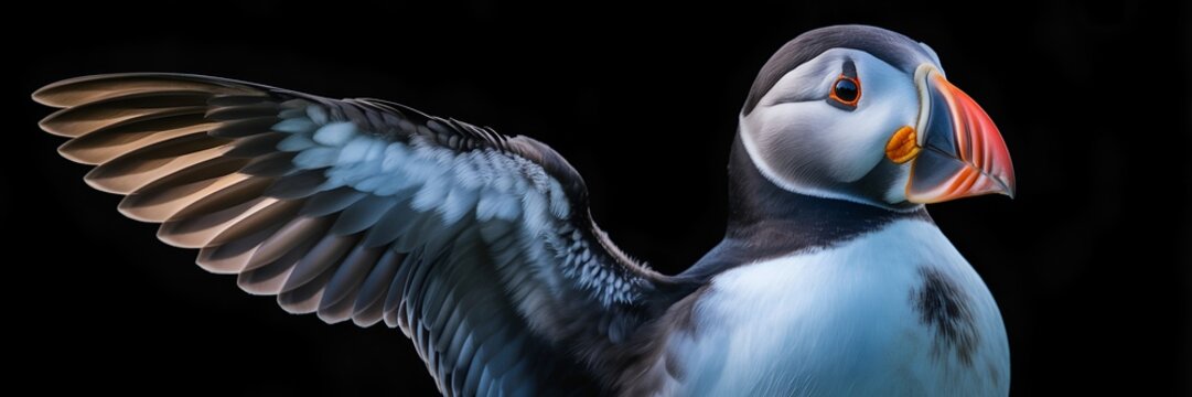 Atlantic puffin bird portrait featuring colorful beak and wing for marine wildlife visual presentation