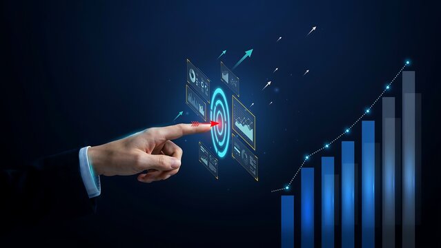 Businessman touching digital target icon with financial growth charts