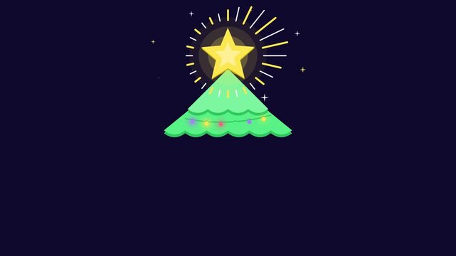 Seamless 4K looping winter holiday animation: star tree topper rays turning. Flat vector shapes in deep blue on a dark background with generous copy space for your own greeting or title. Horizontal 16