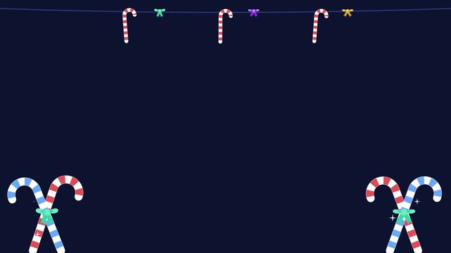 Seamless 4K looping winter holiday animation: candy cane pair crossed sparkling. Flat vector shapes in deep blue on a dark background with generous copy space for your own greeting or title. Horizonta