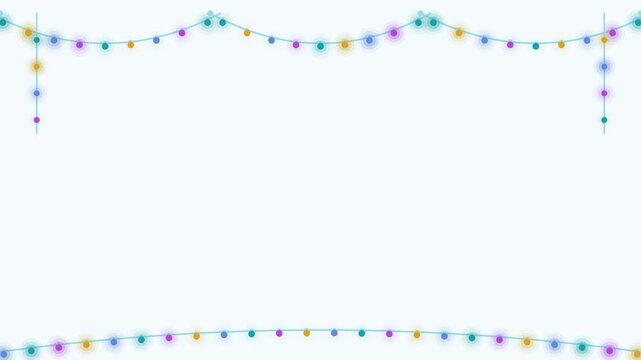 Seamless 4K looping winter holiday animation: string lights garland waving on. Flat vector shapes in teal and turquoise on a light background with generous copy space for your own greeting or title. H