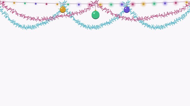 Animated festive tinsel garland swag with lights in a minimal flat vector style, teal and turquoise on a light background. Smooth 4K seamless loop with calm motion and plenty of empty space for text. 