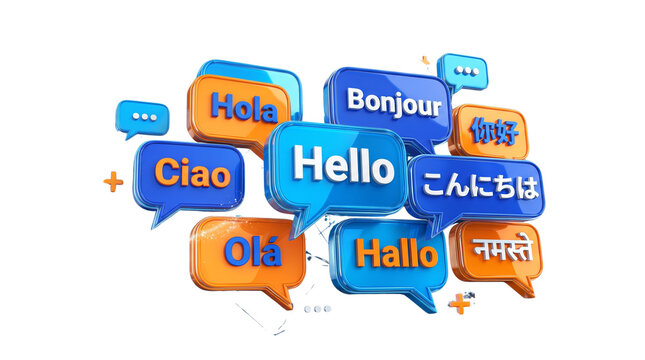 Multilingual greeting speech bubbles, 3D glossy chat icons with hello in different languages, international communication concept