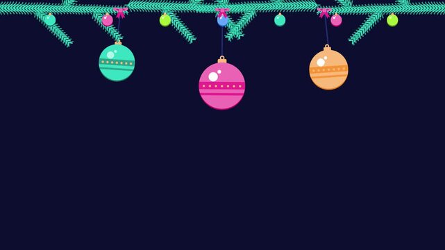 Seamless 4K looping winter holiday animation: hanging baubles top gently swinging. Flat vector shapes in deep blue on a dark background with generous copy space for your own greeting or title. Horizon