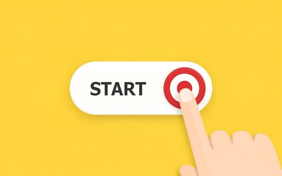 Human finger pressing a start button on a yellow background for