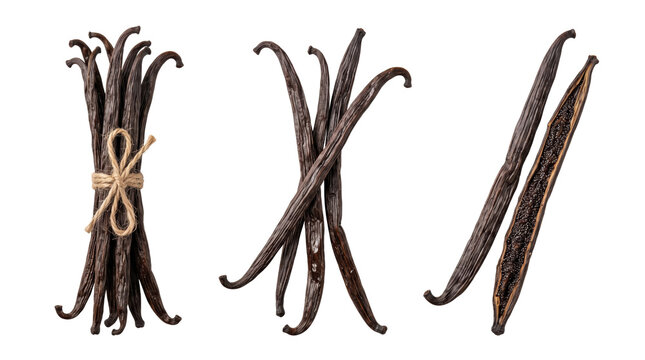 Dried vanilla bean pods, including a tied bundle, loose crisscrossed sticks, and a split pod showing black seeds on a white background