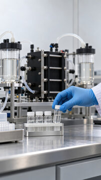 Laboratory testing of flow battery with selected tin and bromine materials, as gloved hand handles sample vial in clean research facility