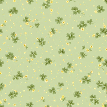 Seamless pattern, micro clover leaves and tiny yellow floret dots, soft pastel matcha green background,