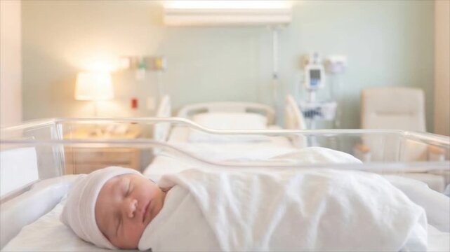 Newborn baby sleeping swaddled in hospital bassinet. Birth and newborn care. Maternity ward, infant healthcare. Family, early life and parenthood concept.