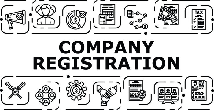 Company registration banner infographic. Business office, entity compliance, taxation filing icon vector illustration