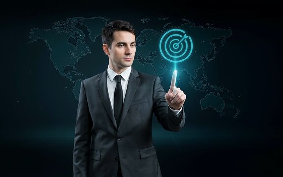 Businessman touching digital target icon on holographic world map