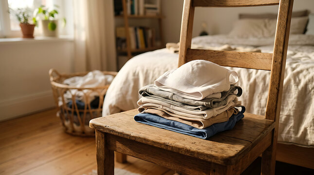 Folded Laundry Stacked On Wooden Chair.