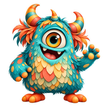 Cute Turquoise and Yellow One Eyed Fantasy Monster Waving with Colorful Striped Horns and Orange Fur, Isolated on Transparent Background