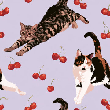 Seamless pattern, tabby and calico cats stretching and scattered cherries, pale lilac background, clean flat vector illustration