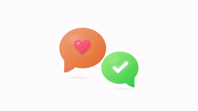 Animated speech bubbles showing a question being answered and resolved with a checkmark and heart.