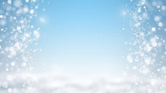 A serene light blue winter holiday background features sparkling white bokeh lights and delicate snowflakes falling, creating a magical christmas atmosphere.