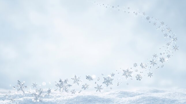 Ethereal digital art shows glittering snowflakes swirling gracefully in an arc above a soft snowdrift, creating a serene light blue christmas background for winter holiday.