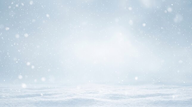 A bright, serene christmas background with falling snow over soft-focused snowy ground, creating an ethereal winter holiday scene with ample copy space, perfect for christmas.