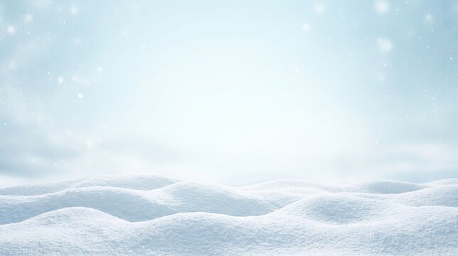 Dreamy light blue and white winter holiday background with sparkling fresh snow on undulating drifts, gently falling flakes, for a serene, magical christmas vibe.