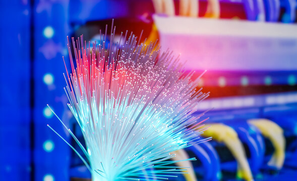 optical fibres dinamic flying from deep on technology background