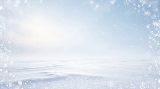 Ethereal, serene winter holiday and christmas background: a snowy landscape with falling snowflakes, soft bokeh, bright light, and copy space, perfect for christmas.