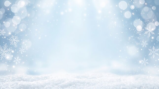 Serene, light blue, dreamy abstract christmas and winter holiday background, showcasing sparkling snowflakes, bokeh lights, and glistening snow.