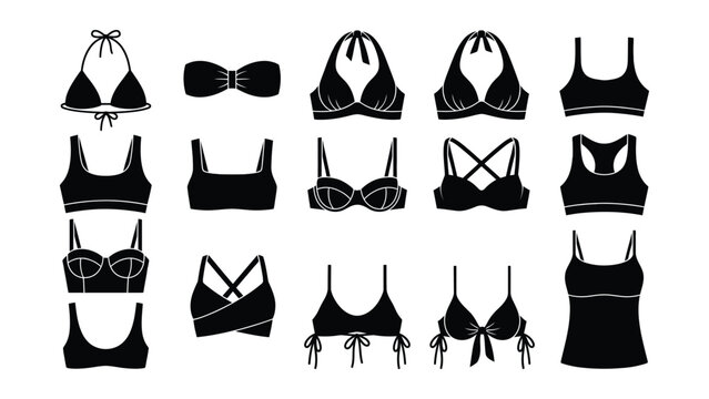 Various styles of black swimwear and bikini tops transparent background illustration