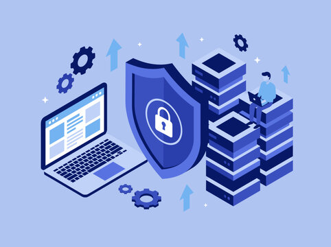 Cybersecurity Concept with Digital Shield Data Protection Server Rack and Network Administrator
