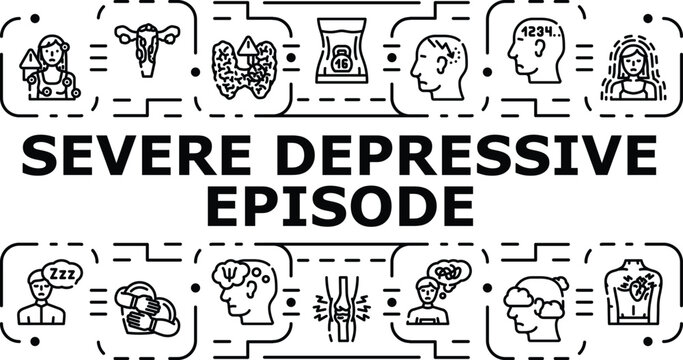 Severe depressive episode banner infographic. Agitation insomnia, hopelessness anxiety, lethargy rumination icon vector illustration