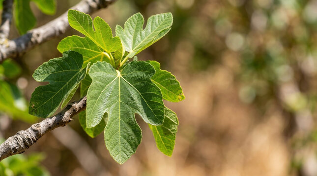Bright green fig leaves grow on a branch of a fig tree under warm sunlight in a natural outdoor setting
