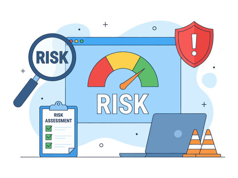 Risk Assessment and Management Concept with Dashboard Gauge, Security Shield, and Audit Checklist