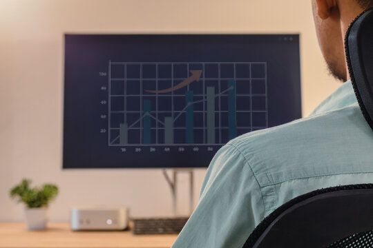 Back view of a man analyzing growth charts and financial data on a desktop monitor in a home office