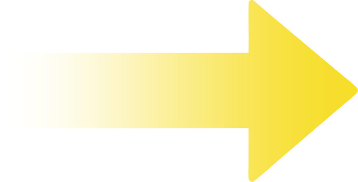 Yellow gradient arrow pointing right. Horizontal motion and directional indicator icon. Isolated PNG design element for navigation and next step concepts