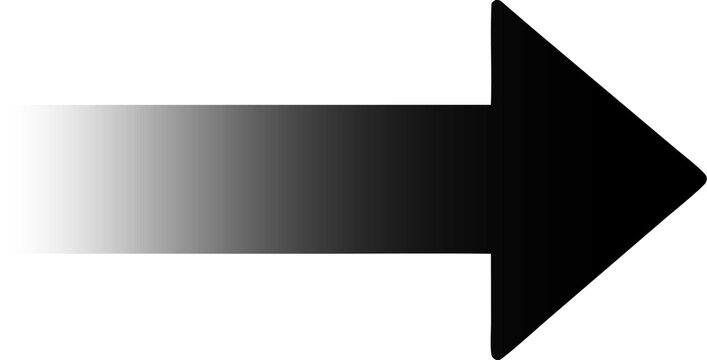 Black right-pointing arrow with gradient fade effect. Straight directional pointer symbol on transparent PNG background