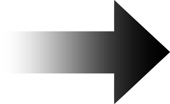 Black right arrow with gradient fade effect. Directional pointer graphic on transparent background. PNG navigation icon