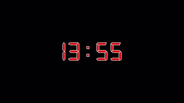 14 Minute Countdown Timer, Neon Digital Clock Animation from 14:00 to 13:00, Glowing Futuristic Time Counter, 1 Minute Countdown, Transparent Background, 4K Alpha Channel
