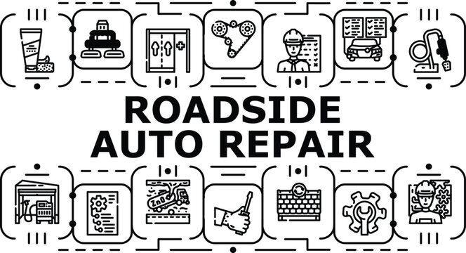 Roadside auto repair banner infographic. Recovery breakdown, assistance roadsidecare, engine jumpstart icon vector illustration