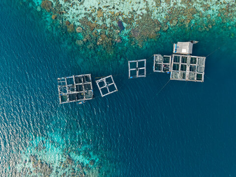 Aerial view of fish cages floating in clear turquoise water with coral reefs visible below in Karimunjawa, Central Java, Indonesia.