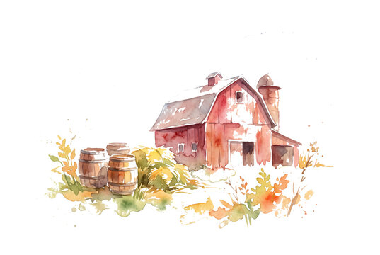 Watercolor Red Barn and Rustic Harvest Scene with Barrels and Hay