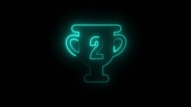 Glowing cyan neon trophy cup with number two sign