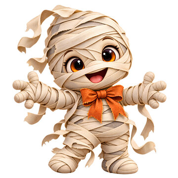 Cute Smiling Halloween Mummy Character Wrapped in Beige Bandages and Orange Bow, Isolated on Transparent Background
