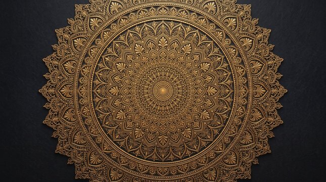 Intricate golden mandala pattern on a dark background, featuring symmetrical ornate details and luxury aesthetics.