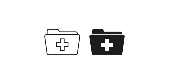 Medical folder icons set with plus symbol for healthcare documentation and electronic records storage.