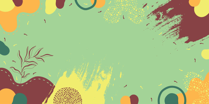 Horizontal vector background with abstract organic shapes, plant leaves, ink brush strokes, and textures in earthy green, yellow, and terracotta colors. Modern artistic banner with copy space for text