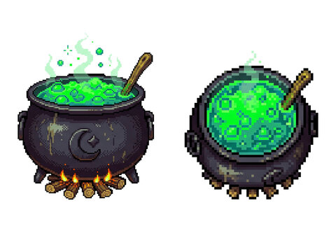 Pixel Art Witch Cauldron Boiling Magic Potion Sprite Game Asset Isolated on Transparent Background