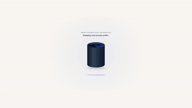 A dark blue cylindrical object with a green interior, possibly a speaker or a smart home device, is centered on a light background, with text above it that reads Play music, set alarms, and control y.