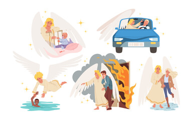 Fototapeta premium Collection of guardian angel scenes helping people during illness, driving, drowning, fire rescue, and support moments, isolated on white background vector illustration